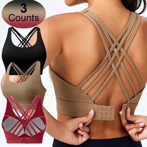 Strappy Back Sports Bra 6 Pack - 2 Black, Tan, Red, gray, white